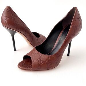 GUCCI | Vintage Guccissima GG Logo Brown Leather Peep Toe High Heel Pumps EU 37